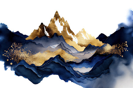 Gold and blue marbling abstract background of waves and mountains silhouettes, imitation of watercolor paint on paper and texture created with Generative AI technologyの素材