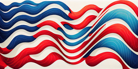 Waves abstract background in USA American Flag colors, watercolor illustration banner, for 4th of July, Memorial or Independence Day celebration, created with Generative AI technologyの素材