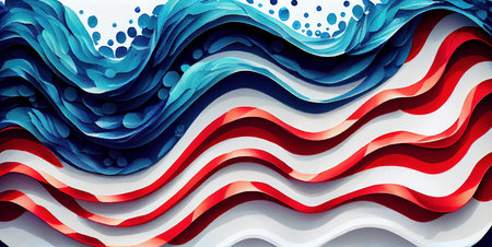 Waves abstract background in USA American Flag colors, watercolor illustration banner, for 4th of July, Memorial or Independence Day celebration, created with Generative AI technologyの素材