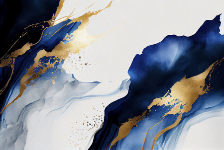 Gold and blue marbling abstract background, watercolor paint texture imitation created with Generative AI technologyの素材