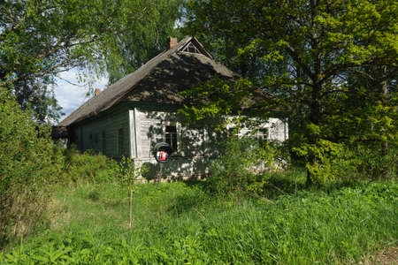 An old Soviet wooden abandoned school in the Forest during the day in Russia and the trees standing nearbyの写真素材