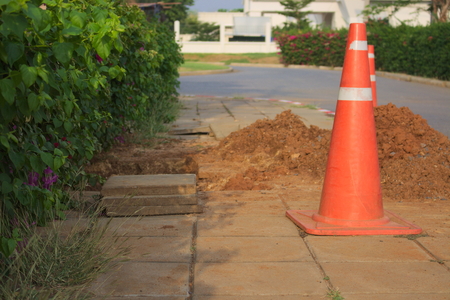 zone cone red  construction roadblock danger cautionの写真素材