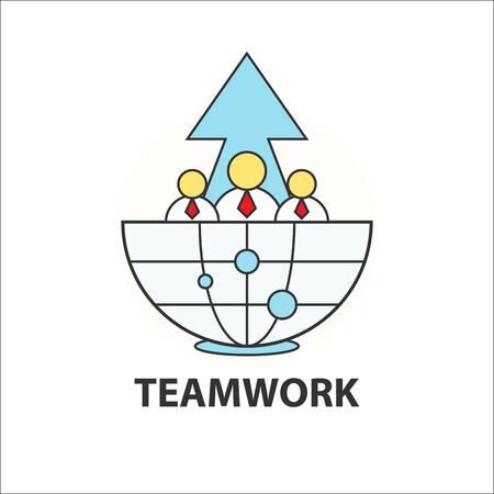 Teamwork icon, businessman office worker connection business concept with globe and rise arrowのイラスト素材