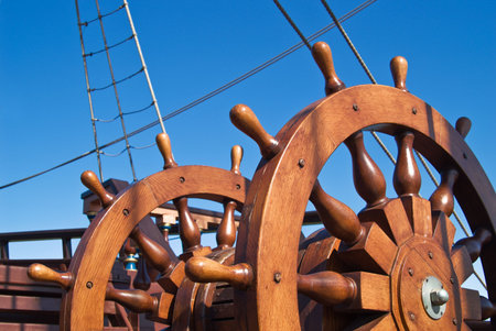 Double steering wheel of big sailing boat - Genoese shooner.