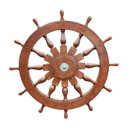 Steering wheel of sailing boat isolated on white backgroundの写真素材