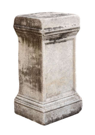 Ancient roman stone pedestal empty half-turned isolated on white backgroundの写真素材