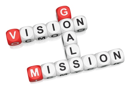 Vision, Mission, Goals crossword on white background 3d render Vision, Mission, Goals crossword on white background 3d render