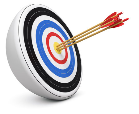 Bull's-Eye three archery arrows hit right on target  center over white background 3d render
