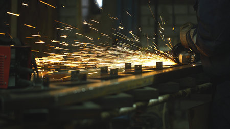 Tradesman uses an electric grinder to cut a pipe in two. Video shows the tool, steel pipe, workman's...