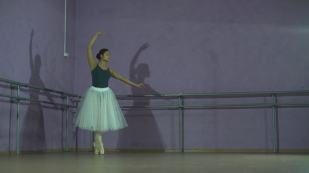 Young caucasian ballerina girl showing various ballet steps and positions. Grand Battement en Cloche Devantの写真素材