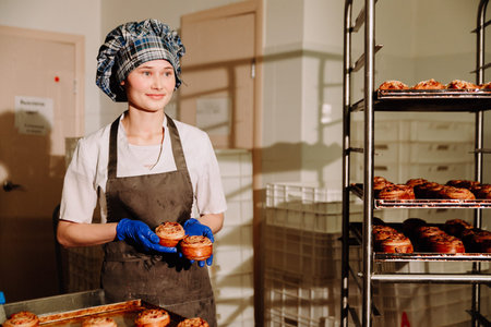 Baker smiling at camera holding rack of rolls in a commercial kitchen