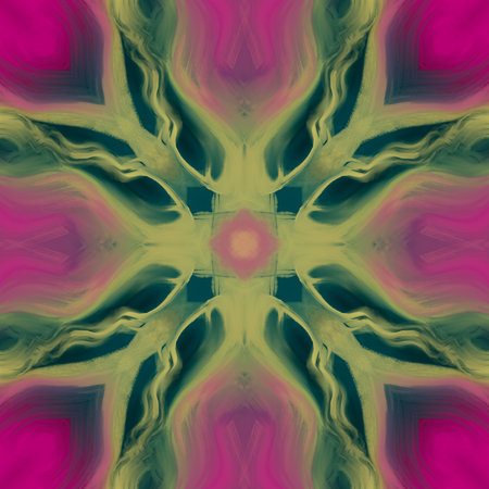 Seamless abstract geometric floral surface pattern in vivid colors repeating symmetrically. Use for...