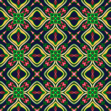 Seamless abstract geometric floral surface pattern in vivid colors repeating symmetrically. Use for fashion design, home decoration, wallpapers and gift packages.の写真素材