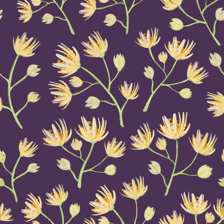 Seamless hand drawn floral surface pattern in yellow and green colors with lime flowers repeating horizontally and vertically. Use for fashion design, home decoration, wallpapers and gift packages.の写真素材
