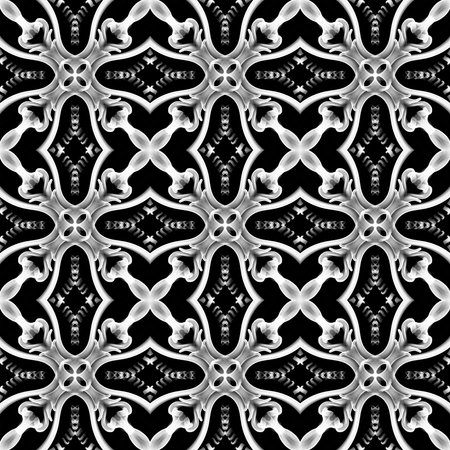 Seamless abstract geometric floral surface pattern in black and white colors repeating...