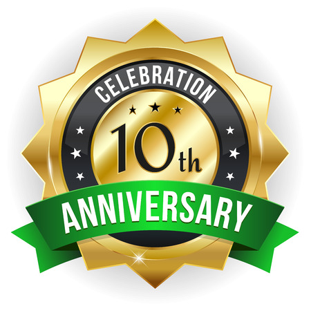 Gold green ten year anniversary badge with ribbonのイラスト素材