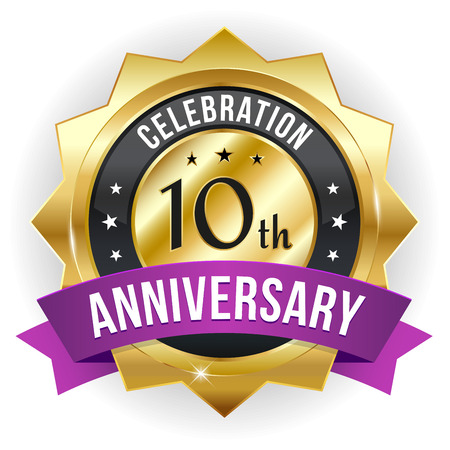 Gold purple ten year anniversary badge with ribbonのイラスト素材