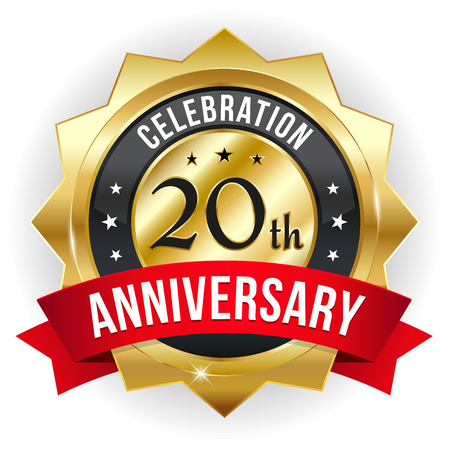 Gold red twenty year anniversary badge with ribbonのイラスト素材