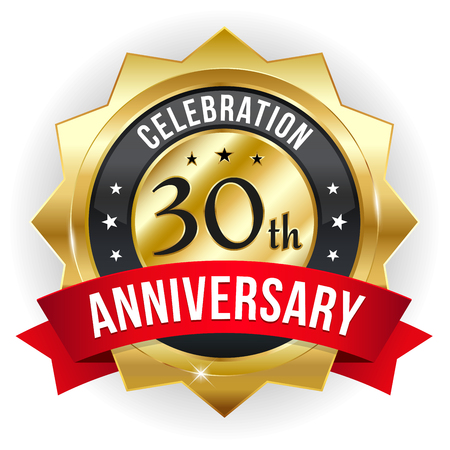 Gold red thirty year anniversary badge with ribbonのイラスト素材