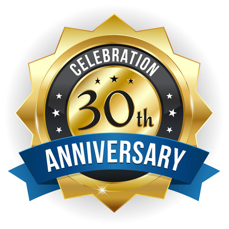 Gold blue thirty year anniversary badge with ribbonのイラスト素材