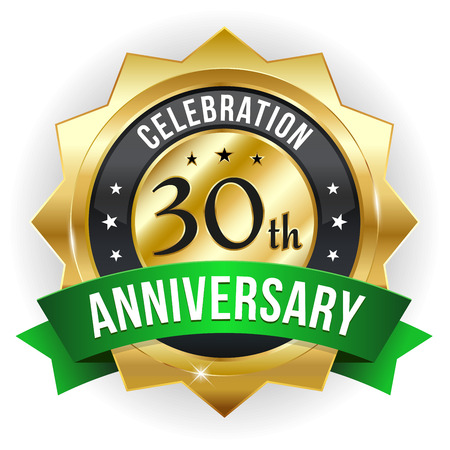 Gold green thirty year anniversary badge with ribbonのイラスト素材