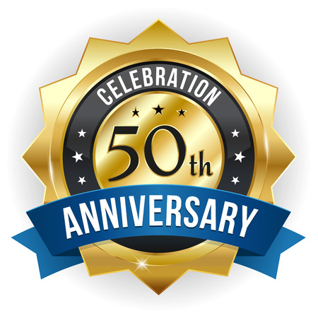 Gold blue fifty year anniversary badge with ribbonのイラスト素材