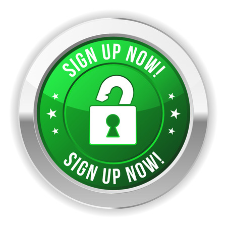 Green round sign up now button with metallic borderのイラスト素材