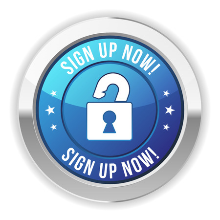 Blue round sign up now button with metallic borderのイラスト素材