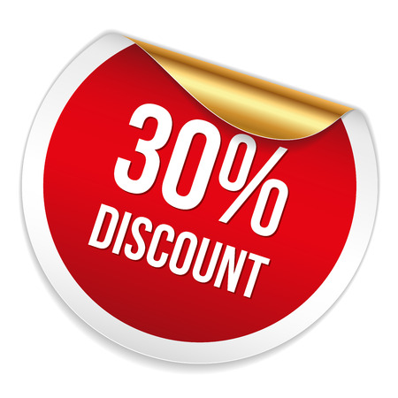 Red round thirty percent discount sticker on white backgroundのイラスト素材