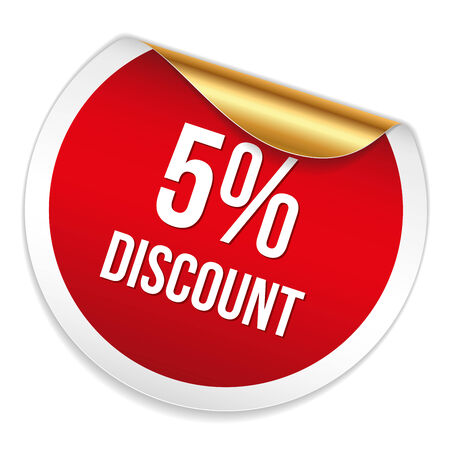 Red round five percent discount sticker on white backgroundのイラスト素材