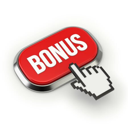 Red roundend bonus button with metallic borderの写真素材
