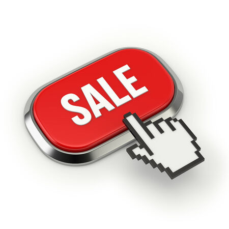 Red roundend sale button with metallic borderの写真素材