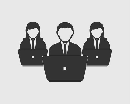 E-Learning Icon. Three graduate students behind Laptop.のイラスト素材