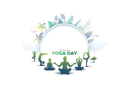 International Yoga Day template design. Yoga concept. Group of people practicing yoga. Vector fileのイラスト素材