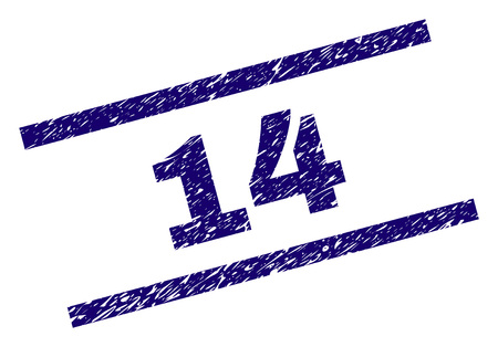 14 stamp seal watermark with grunge style. Blue vector rubber print of 14 caption with unclean texture. Text caption is placed between parallel lines.のイラスト素材