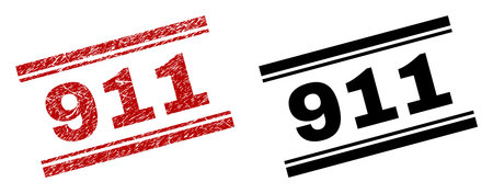 911 stamp seal print with red grunge and clean black version. Red vector rubber print of 911 text...