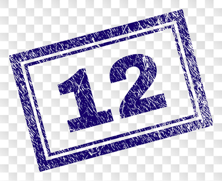 12 stamp seal print with rubber print style and double framed rectangle shape. Stamp is placed on a transparent background. Blue vector rubber print of 12 title with dirty texture.のイラスト素材