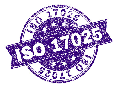 ISO 17025 stamp seal watermark with distress texture. Designed with ribbon and circles. Violet vector rubber print of ISO 17025 caption with dirty texture.のイラスト素材