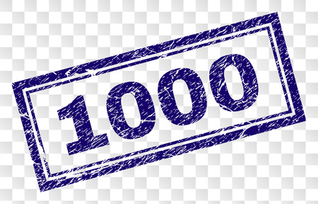 1000 stamp seal print with scratched style and double framed rectangle shape. Stamp is placed on a transparent background. Blue vector rubber print of 1000 caption with grunge texture.のイラスト素材
