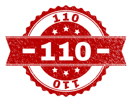 110 seal print with corroded texture. Rubber seal imitation has round medal form and contains ribbon. Red vector rubber print of 110 tag with retro texture.のイラスト素材