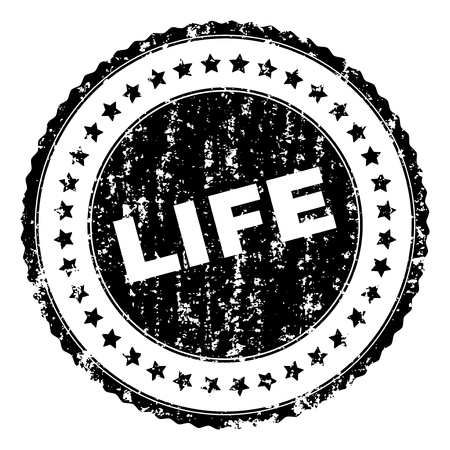 LIFE seal print with distress style. Black vector rubber print of LIFE title with grunge texture. Rubber seal imitation has round shape and contains stars.のイラスト素材