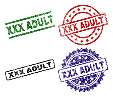 XXX ADULT seal prints with corroded surface. Black, green,red,blue vector rubber prints of XXX ADULT text with dirty surface. Rubber seals with round, rectangle, rosette shapes.のイラスト素材