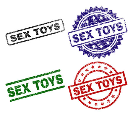 SEX TOYS seal prints with corroded style. Black, green,red,blue vector rubber prints of SEX TOYS label with dust style. Rubber seals with round, rectangle, rosette shapes.のイラスト素材