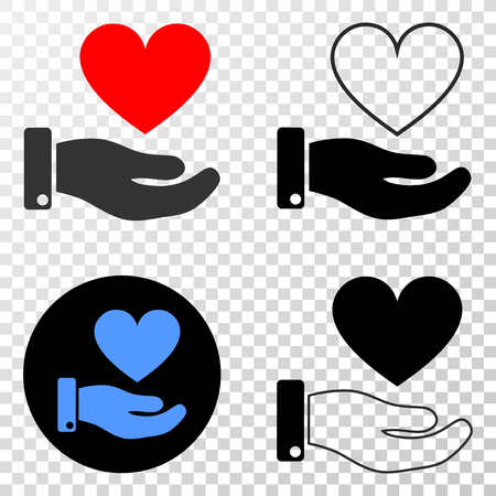 Heart donation hand EPS vector pictogram with contour, black and colored versions. Illustration style is flat iconic symbol on chess transparent background.のイラスト素材