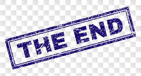 THE END stamp seal watermark with rubber print style and double framed rectangle shape. Stamp is placed on a transparent background. Blue vector rubber print of THE END label with scratched texture.