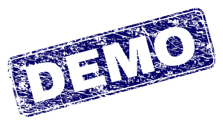 DEMO stamp seal print with grunge texture. Seal shape is a rounded rectangle with frame. Blue vector rubber print of DEMO caption with dust texture.のイラスト素材