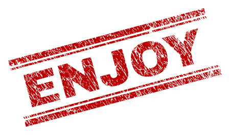 ENJOY seal print with grunge texture. Red vector rubber print of ENJOY text with scratched texture. Text label is placed between double parallel lines.のイラスト素材
