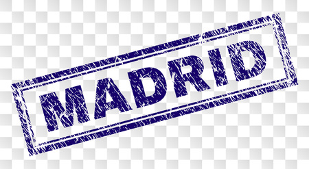 MADRID stamp seal imprint with rubber print style and double framed rectangle shape. Stamp is placed on a transparent background. Blue vector rubber print of MADRID text with retro texture.のイラスト素材