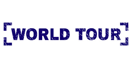 WORLD TOUR text seal stamp with grunge effect. Text tag is placed inside corners. Blue vector rubber print of WORLD TOUR with dust texture.のイラスト素材