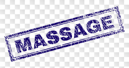 MASSAGE stamp seal print with scratched style and double framed rectangle shape. Stamp is placed on a transparent background. Blue vector rubber print of MASSAGE label with scratched texture.のイラスト素材
